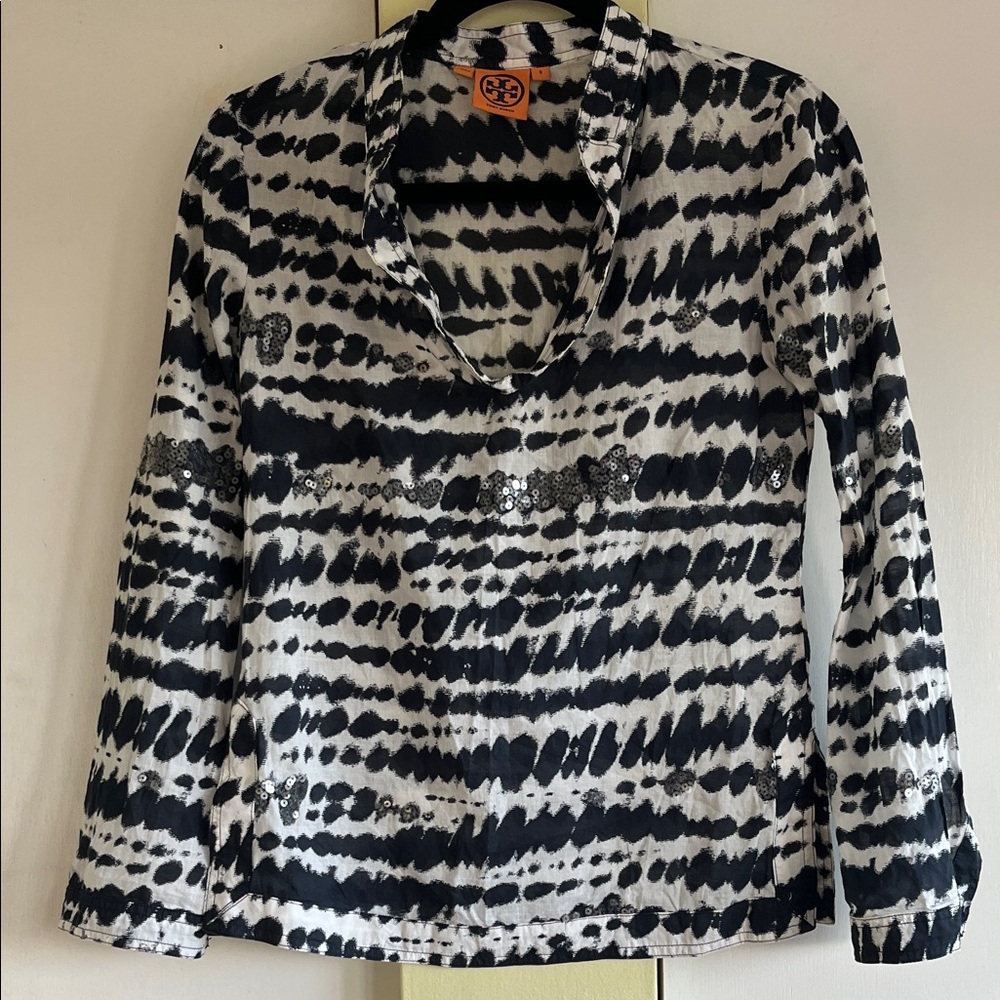 Tory Burch Black & White Sequin-Trim Long Sleeve Tee